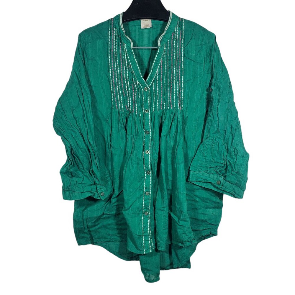 Roamans Button Tunic Top Womens 24W Embroidered Seersucker Roll-Tab 3/4 Sleeve